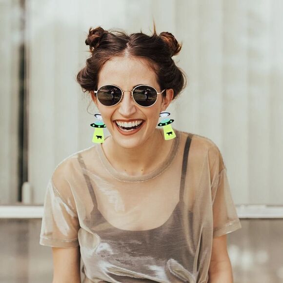 Neon Alien Space Ship Abducting‎ Cow Acrylic Earrings - Picture 4 of 9